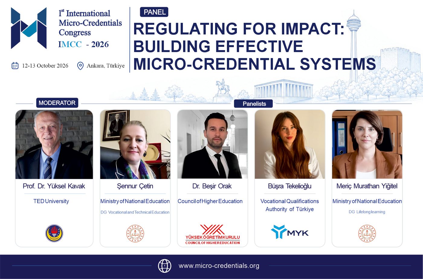 Panel 1 poster – Regulating for Impact: Building Effective Micro-Credential Systems. Moderator: Prof. Dr. Yüksel Kavak. Panelists: Şennur Çetin, Dr. Beşir Orak, Büşra Tekelioğlu, Meriç Murathan Yiğitel.