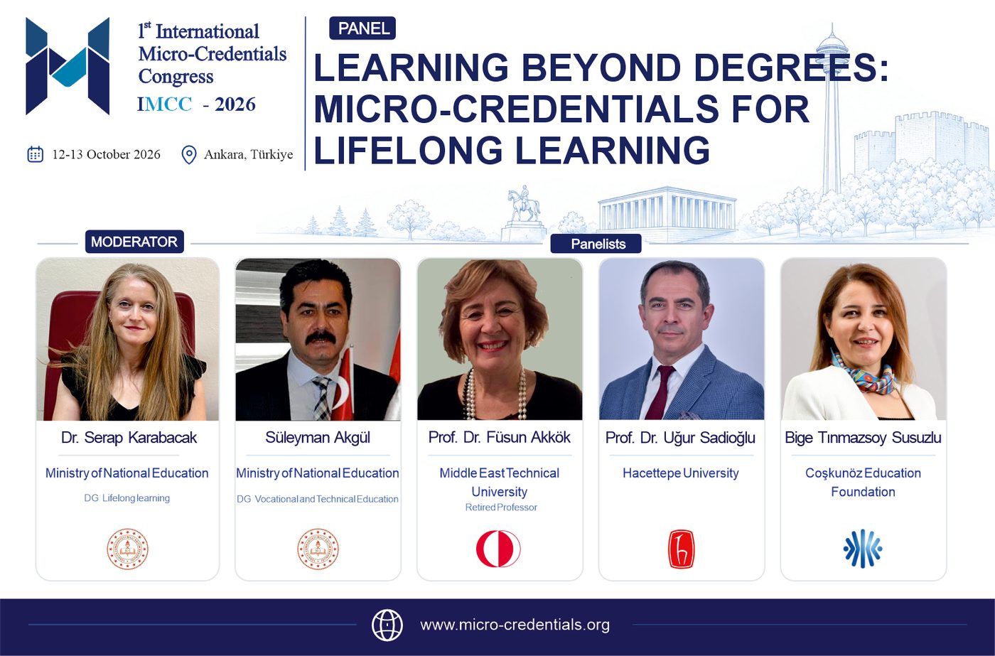 Panel 2 poster – Learning Beyond Degrees: Micro-Credentials for Lifelong Learning. Moderator: Dr. Serap Karabacak. Panelists: Süleyman Akgül, Prof. Dr. Füsun Akkök, Prof. Dr. Uğur Sadioğlu, Bige Tınmazsoy Susuzlu.