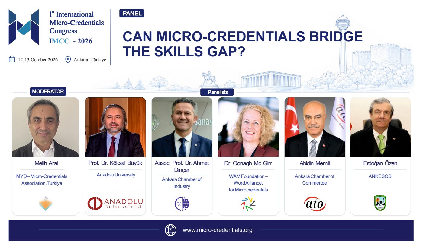 Panel 4 poster – Can Micro-Credentials Bridge the Skills Gap?. Moderator: Melih Aral. Panelists: Prof. Dr. Köksal Büyük, Assoc. Prof. Dr. Ahmet Dinçer, Dr. Oonagh McGirr, Abidin Memili, Erdoğan Özen.