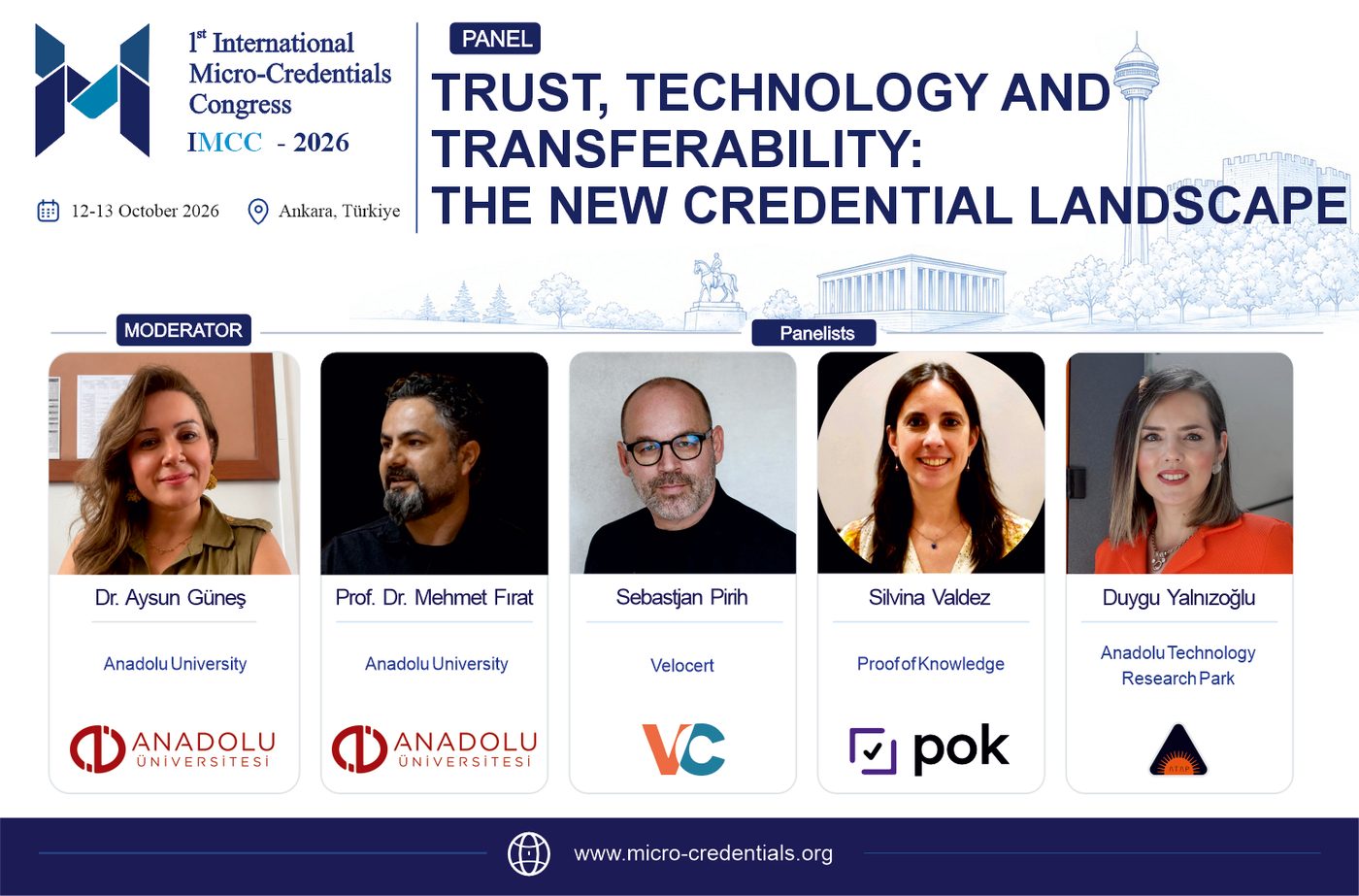 Panel 6 poster – Trust, Technology and Transferability: The New Credential Landscape. Moderator: Dr. Aysun Güneş. Panelists: Prof. Dr. Mehmet Fırat, Sebastjan Pirih, Silvina Valdez, Duygu Yalnızoğlu.